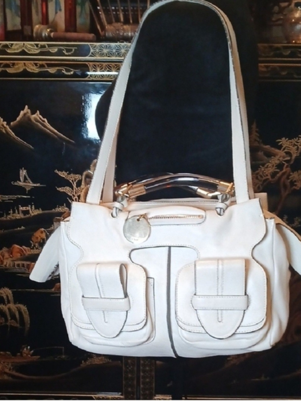Chloe Saskia White Leather Bag Clear Handles Medium Satchel Gold Disc auth card